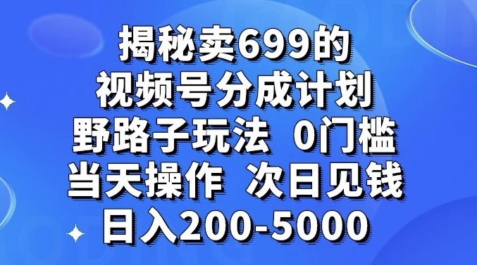 零门槛野路子玩法揭秘：卖699的短视频号分成计划，当天操作，次日即可赚取200-5000元 ...