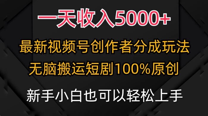 一天收入 5000+，视频号创作者，最新 100% 原创玩法，小白也可以轻松上手操作 ...