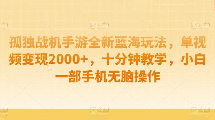 孤独战机手游全新蓝海玩法，单视频变现 2000+，十分钟教学，小白一部手机无脑操作 ...