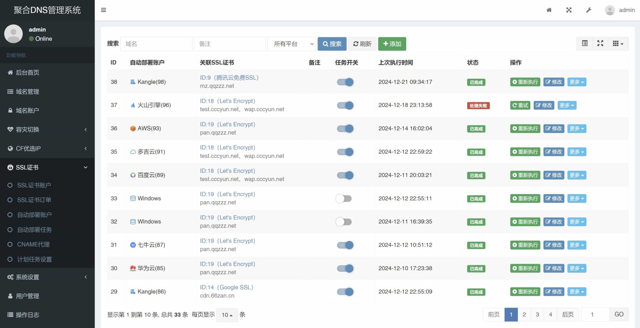 聚合DNS已更新SSL证书自动申请与部署功能  彩虹聚合DNS管理系统 V2.0