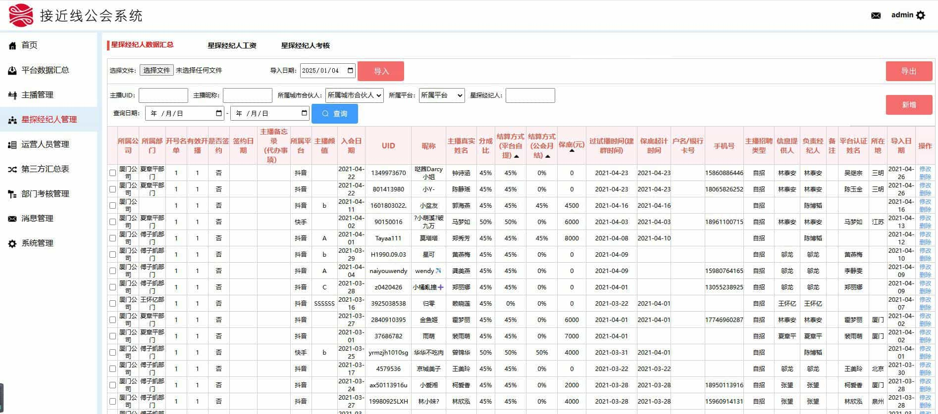 工会系统抖音快手等多平台主播分红分润系统星探经纪人城市合伙人多角色管理系统分红统计系统 ...